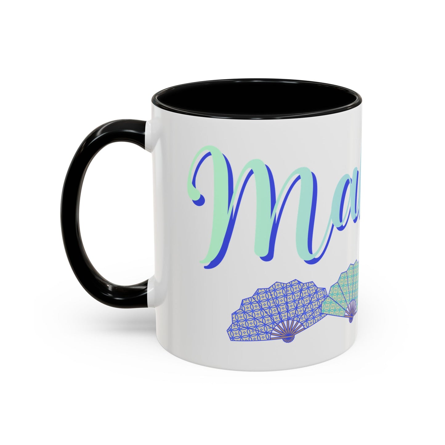 Blue Calligraphy Name Coffee Mug | Seashell Fan Accent Ceramic Mug