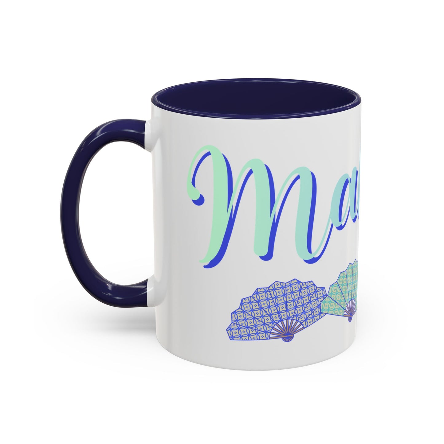 Blue Calligraphy Name Coffee Mug | Seashell Fan Accent Ceramic Mug