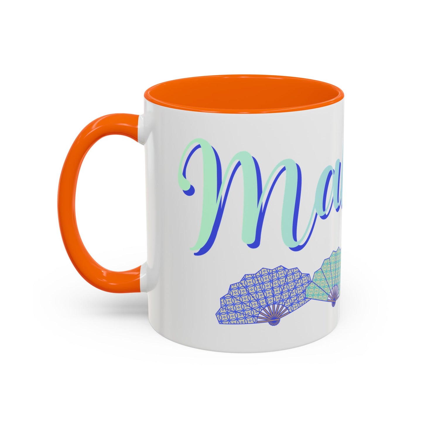 Blue Calligraphy Name Coffee Mug | Seashell Fan Accent Ceramic Mug