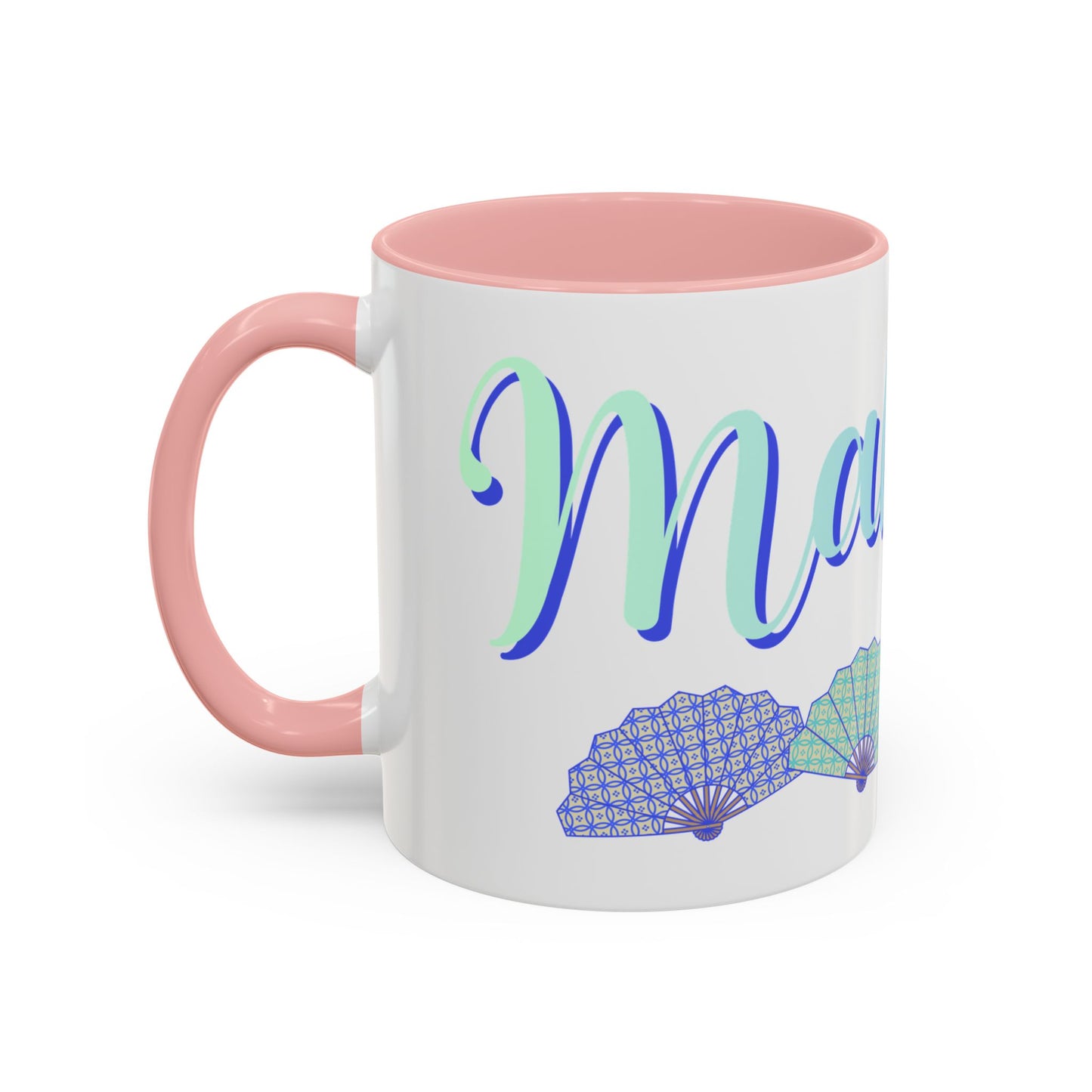 Blue Calligraphy Name Coffee Mug | Seashell Fan Accent Ceramic Mug