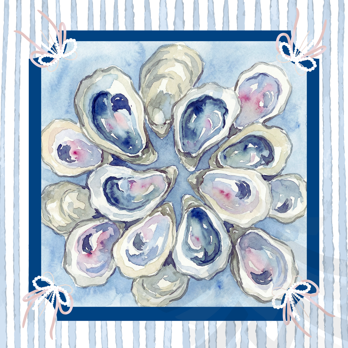 Decorative towel with watercolor oyster pattern on a blue background