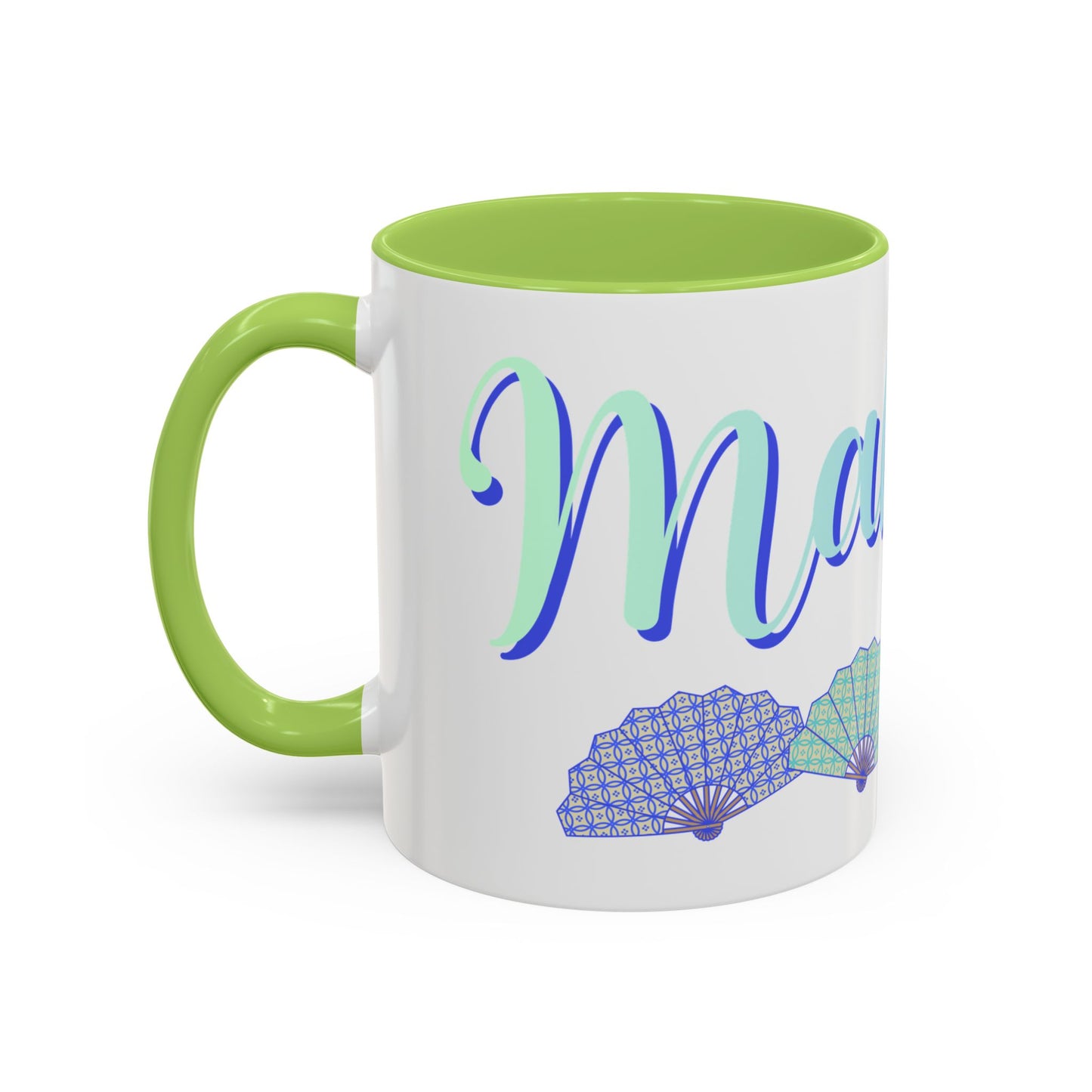Blue Calligraphy Name Coffee Mug | Seashell Fan Accent Ceramic Mug