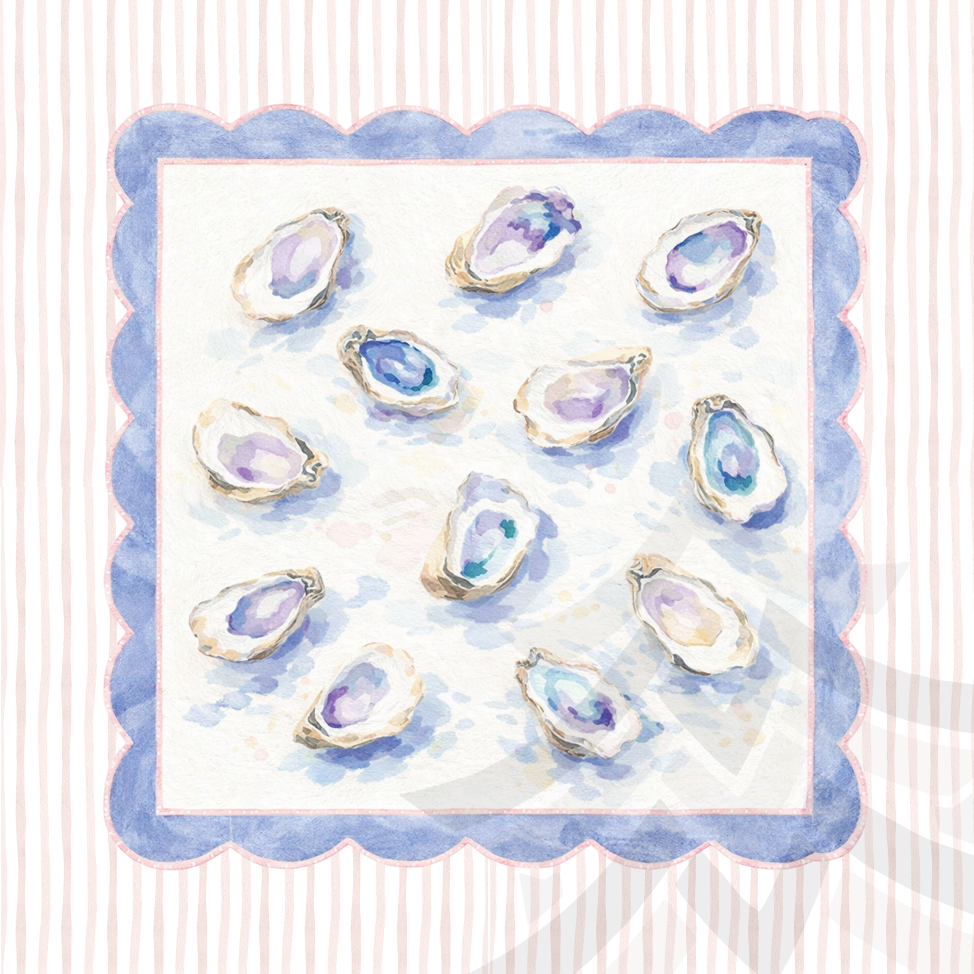 Decorative paper with watercolor oyster shells on a striped background