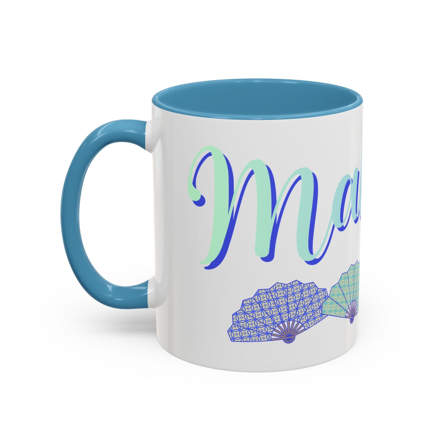 Blue Calligraphy Name Coffee Mug | Seashell Fan Accent Ceramic Mug